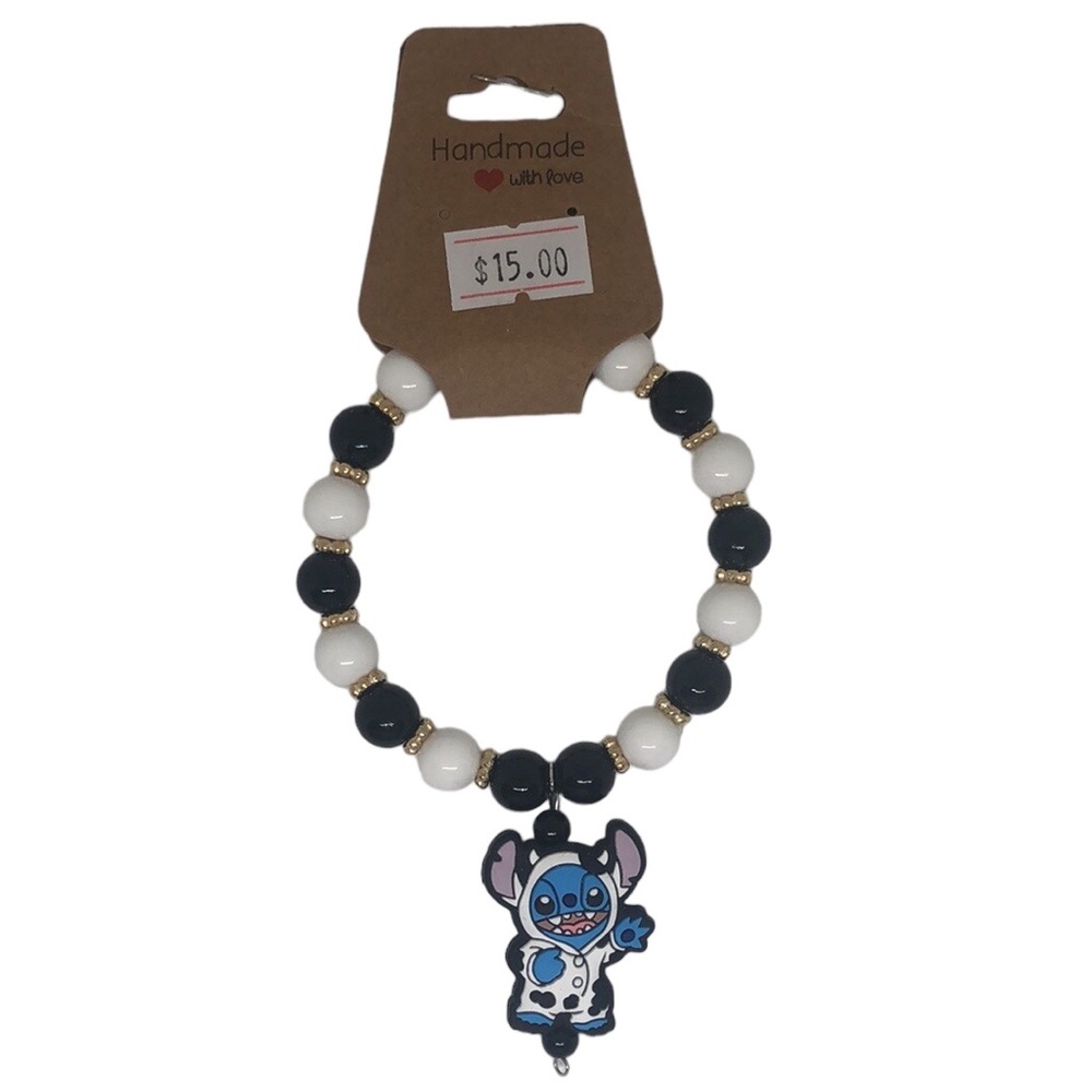 🟢 Stitch Blue Alien Stitch Cow With Costume Black And White Beaded Bracelet - Picture 1 of 11